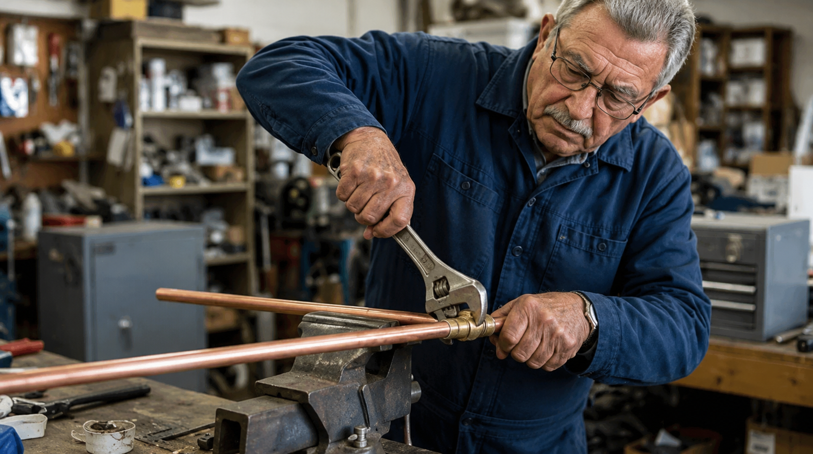 Derek Ashworth working on copper pipework